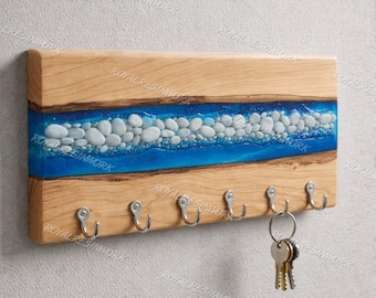 Soporte de pared para llaves Live Edge River, colgador de llaves de madera con resina epoxi azul, organizador de entrada con incrustaciones de piedra, perchero rústico moderno para llaves,