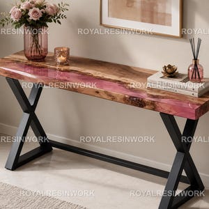Luxury Pink Epoxy River Console Table | Live Edge Walnut Entryway Table | Handmade Modern Sofa Table | Custom Wood Hallway Furniture Top
