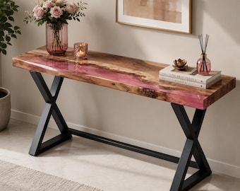Blush Pink Epoxy River Console Table, Luxury Live Edge Olive Wood Entryway Table, Handmade Modern Hallway Furniture, Custom Resin Tabletop |