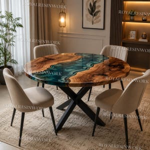 Handmade Ocean Blue Epoxy Resin Coffee / Decor Table, Round Live Edge Wood Table, Custom Luxury Dining Room Wood Round Tabletop |