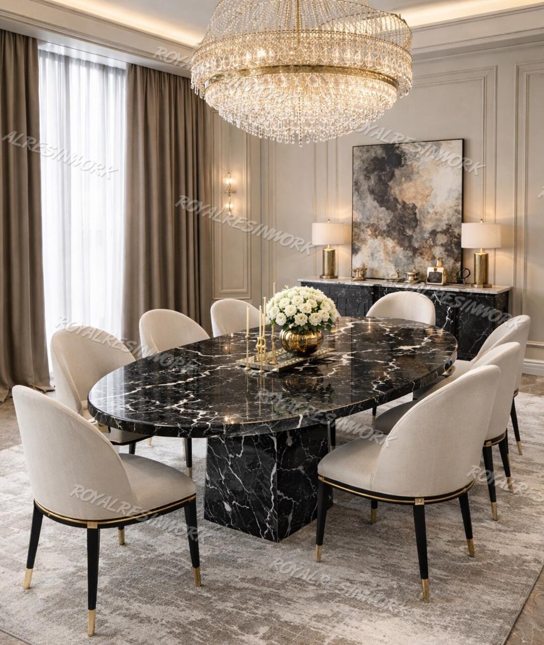 Oval Black Marble Dining Table, Nero Marquina Stone Kitchen Table ...