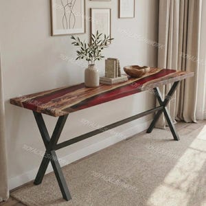 Handcrafted Live Edge Walnut Console Table, Deep Red Resin River Table, Rustic Modern Entryway Table, Industrial Table, Custom Office Decor