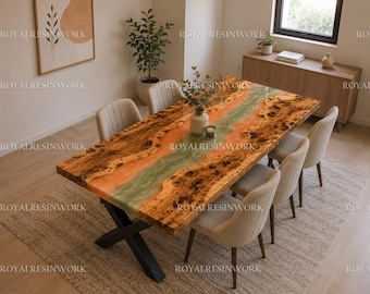 Olive Wood Epoxy River Decor Table, Green & Peach Resin Table, Live Edge Coffee Table, Handmade Luxury Dining Room Modern Tabletop |