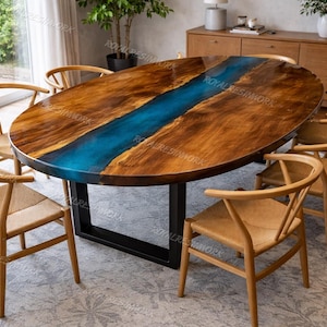 Bespoke Oval Live Edge Walnut Dining Table with Turquoise Epoxy River, Custom Resin Table Top, Luxury Handmade Wood Furniture, Modern Decor