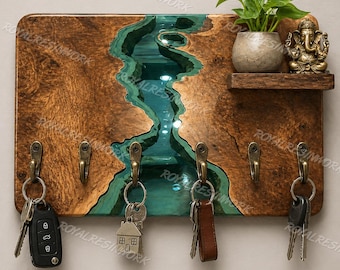 Wieszak na klucze z drewna orzechowego z żywą krawędzią i zieloną żywicą epoksydową, ścienny wieszak na klucze z półką, organizer do przedpokoju, prezent na parapetówkę