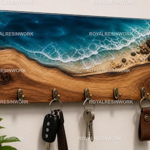 Portachiavi di lusso in resina a forma di onda oceanica da parete, portachiavi in legno fatto a mano con ganci, organizer per l'ingresso, decorazione per la casa in stile costiero, portachiavi regalo