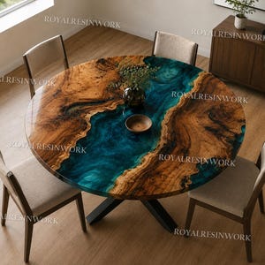 Ocean Blue Epoxy River Round Dining Table, Live Edge Olive Wood Table, Handmade Resin Dining Table, Luxury Modern Kitchen Tabletop |