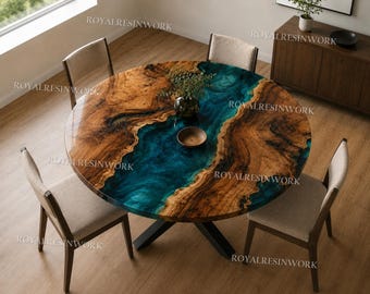 Ocean Blue Epoxy River Round Dining Table, Live Edge Olive Wood Table, Handmade Resin Dining Table, Luxury Modern Kitchen Tabletop |