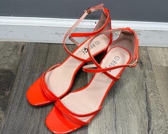 Rouge! Bright Orange Patent Strappy Ankle-Wrap Heels