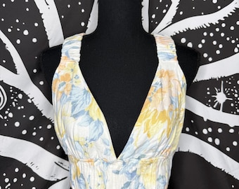 Abercrombie Fitch White Floral V-Neck Crop Cami with Yellow  Blue Blooms