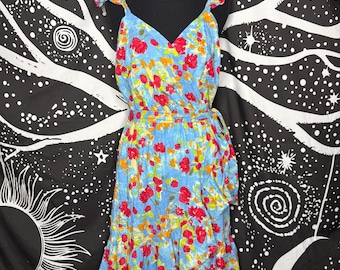 LC Lauren Conrad Sky Blue Floral Wrap Midi Dress with Red & Yellow Blooms