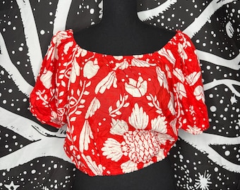 Haute Hippie Red & White Floral Off-Shoulder Crop Top