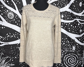 LOFT Womens Size M Pullover Sweater Lightweight Knit Open Stitch Accent Tan
