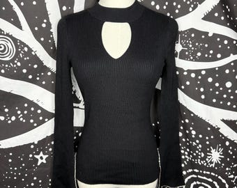 INC International Concepts Black Ribbed Keyhole Crewneck Sweater