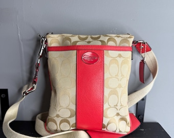 Coach Khaki Signature Canvas Crossbody with Red Leather Trim