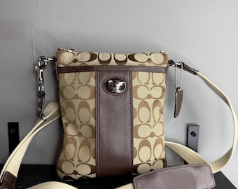 Coach Signature Canvas Crossbody in Tan with Brown Leather Trim