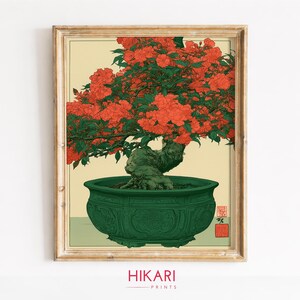 Japanese Bonsai Tree Print, Deep Green Ceramic Pot Printable Wall Art (Digital Download) 946