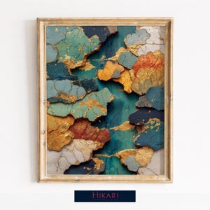 May include: Abstract art print in a gold frame. The artwork features a textured design with teal, blue, orange, and gold accents. The bottom of the frame has the text "Hikari Prints".