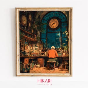 May include: A framed art print depicting a person in an orange shirt sitting at a cluttered wooden workbench inside a room with a large arched window. The scene features multiple wall clocks, shelves filled with various objects, and a night cityscape view.