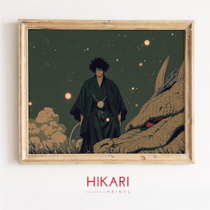 Retro Fantasy Anime Hero Art - Printable Moody Vintage Scene, Classic 1980s Illustration, Dramatic Studio Ghibli Style Digital Print