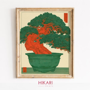 Japanese Bonsai Botanical Print, Jewel Tone Green Pot Vintage Printable Wall Art (Digital Download) 956