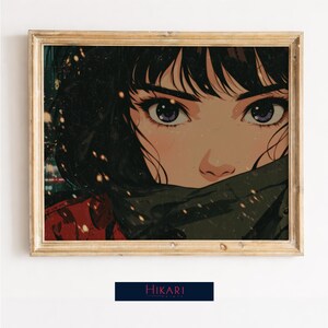 May include: A framed art print featuring a close-up of a woman's eyes. The woman has dark hair and is partially covered by a dark scarf. The artwork has a vintage aesthetic with a gold frame and the text "Hikari Prints" at the bottom.