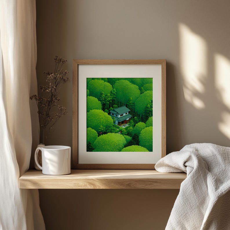 Japanese Forest House, Aerial Nature Landscape Printable Wall Art ...