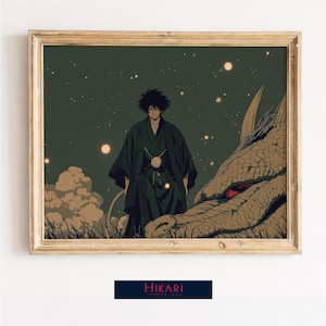 May include: Framed art print featuring an anime-style illustration. A figure in a dark green kimono stands before a large dragon. The background is a dark green night sky with stars and glowing orbs. The print is framed in a gold-colored wooden frame. The text "Hikari Prints" is at the bottom.