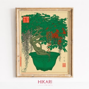 Japanese Bonsai Tree, Cascading Green Pot Vintage Botanical Printable Wall Art (Digital Download) 957