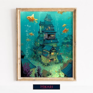 Moody Underwater Japanese Temple Scene - Rustic Fantasy Cityscape with Koi, Serene Glow, Teal Blue Art, Printable Digital Art Download