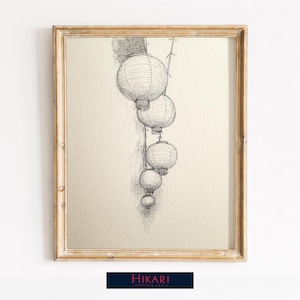 Vintage Asian String of Paper Lanterns Art - Moody Monochrome Wall Decor, Printable Minimalist Pen-and-Ink Sketch, Digital Download
