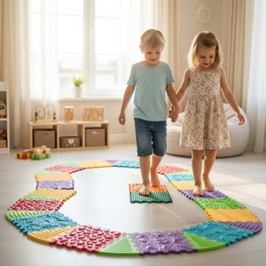 Könnte beinhalten: Zwei Kinder gehen Hand in Hand auf einem farbenfrohen sensorischen Pfad aus ineinandergreifenden Schaumstofffliesen. Der Pfad weist verschiedene Texturen und Formen in Rot-, Grün-, Gelb- und Lilatönen auf. Die Kinder tragen Freizeitkleidung.
