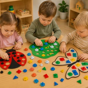 May include: Three children playing with wooden shape sorters. A red ladybug, a green flower-shaped board, and a butterfly-shaped board are on the table. Colorful geometric shapes are scattered around the boards, including squares, triangles, and flowers.