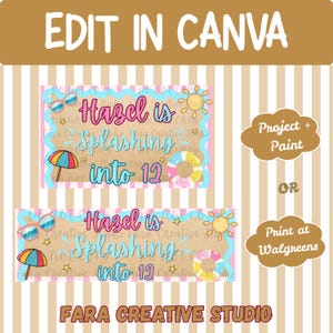 May include: A digital graphic design featuring the text Hazel is Splashing into 12 in pink and blue script. The design includes illustrations of sunglasses, a beach umbrella, a sun, and a pool floatie against a tan background with pink stripes.