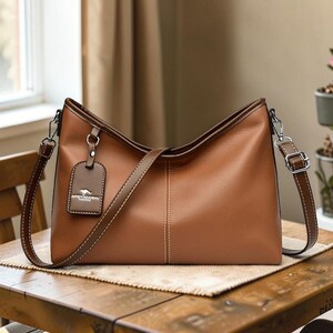 Pu&ograve; includere: Borsa a tracolla in pelle marrone con una lunga tracolla regolabile e un manico pi&ugrave; piccolo. La borsa ha una forma rettangolare con la parte superiore curva e un piccolo tag con testo. La borsa &egrave; appoggiata su un tavolo di legno.