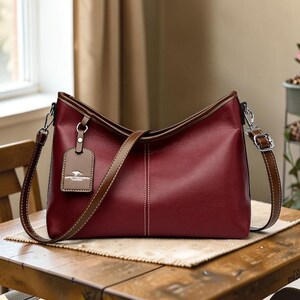 Pu&ograve; includere: Borsa a tracolla in pelle bordeaux con finiture marroni e cinturino abbinato. La borsa presenta un'etichetta rettangolare con un logo di canguro. La borsa &egrave; appoggiata su un tavolo di legno.