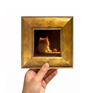 Mini cuadro al óleo original de gato, arte de gatito adorable, pequeña obra de arte de animales sobre lienzo, regalo de pintura de mascotas con luz cálida