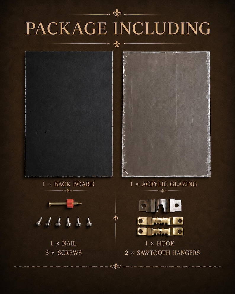 May include: A package including one black back board, one rectangular acrylic glazing, one nail with a red plastic anchor, six silver screws, one metal hook, and two gold-toned sawtooth hangers, all displayed against a dark brown background.
