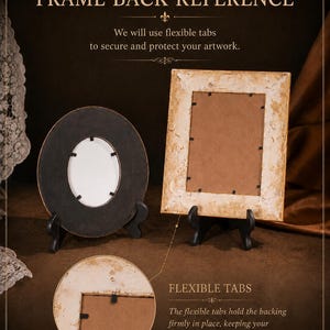 May include: A round black frame and a rectangular distressed gold frame, both displayed on black stands. The text reads FRAME BACK REFERENCE, We will use flexible tabs to secure and protect your artwork, FLEXIBLE TABS, and The flexible tabs hold the backing firmly in place, keeping your artwork safe and secure.