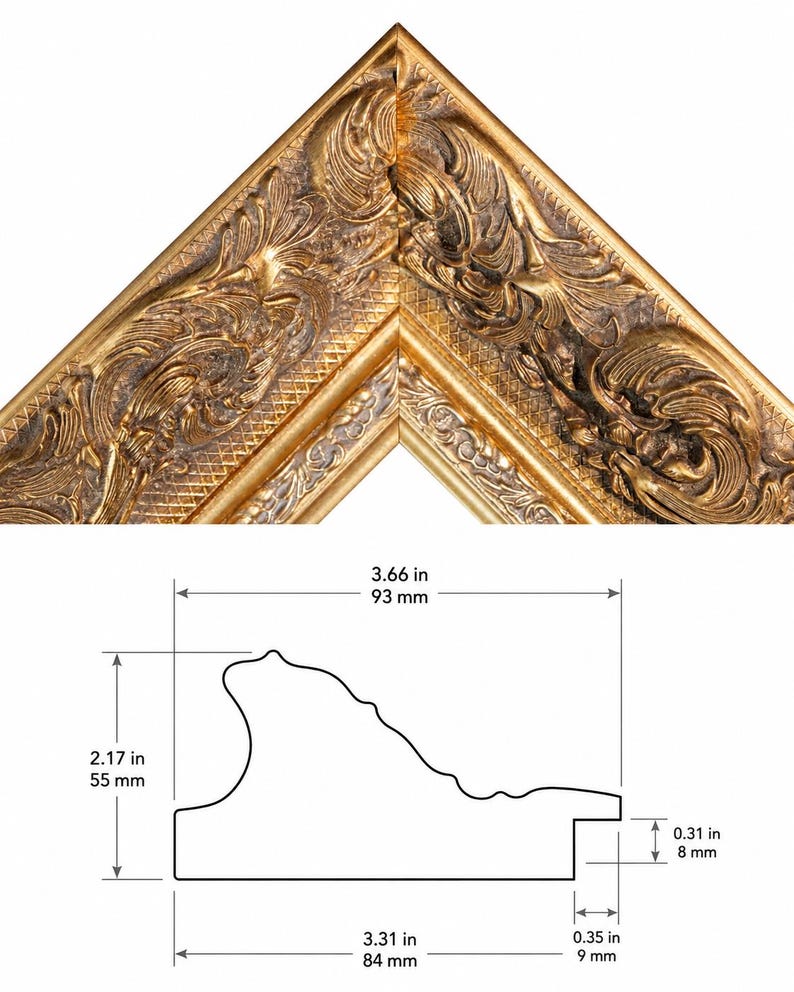May include: A gold picture frame corner with ornate, raised scrollwork and a cross-hatched texture. A technical diagram below shows a total width of 3.66 inches, a height of 2.17 inches, a base width of 3.31 inches, and a rabbet depth of 0.31 inches.