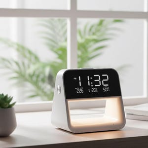 Puede incluir: Un despertador digital blanco con una pantalla negra que muestra la hora, la fecha y la temperatura. El reloj tiene forma rectangular con bordes redondeados y una luz nocturna integrada. La hora mostrada es 23:32.