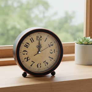 May include: A round, black and copper-colored analog clock with a cream-colored face. The clock has large black numerals and black hands. The clock is sitting on a wooden surface. A small succulent plant in a white pot is in the background.