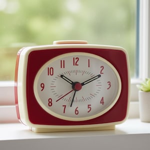 May include: A retro-style red and cream-colored alarm clock. The clock has a rectangular shape with rounded corners and a cream-colored frame. The clock face is white with black hands and red numerals. The clock is sitting on a white surface.