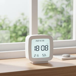 Puede incluir: Un reloj despertador digital blanco que muestra la fecha y la hora, con la hora que indica las 18:08. El reloj también muestra la temperatura y la humedad. El reloj está sobre una superficie de madera cerca de una ventana.
