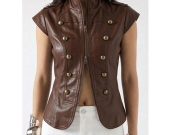 Colete feminino vintage retrô de couro marrom estilo militar com zíper