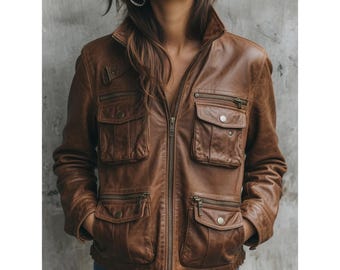 May include: A brown leather jacket featuring a full-length front zipper, a stand-up collar, and four front pockets with snap-button flaps and horizontal zippers. The Wardrova logo is visible in the top left corner of the image.