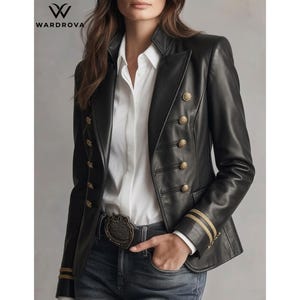 Black Leather Blazer Women Double Breasted - Gold Button Leather Jacket Vintage Style Blazer Coat