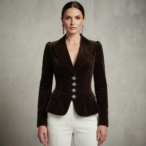 Puede incluir: Un blazer de terciopelo marrón oscuro con corte entallado, hombros estructurados y escote en V profundo. La chaqueta se cierra con cuatro botones decorativos cuadrados de tono plateado e incluye dos bolsillos con solapa en la cintura, junto a un pantalón blanco.
