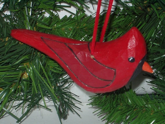 Chunky Cardinal Hand carved wooden ornament NEW Red Bird Christmas Ornament