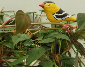Bird Plant Sticks, Carved Plant Stick, Yellow Finch Plant Stick, Primitive Yellow Finch Plant Stick, Yellow Finch Decoration, Yellow Bird